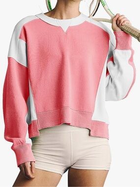 Pink and White Colorblock Pullover Sweatshirt